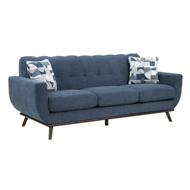 Benjara Keto 87 Inch Sofa, Blue Chenille, 2 Throw Pillows, Brown Solid Wood