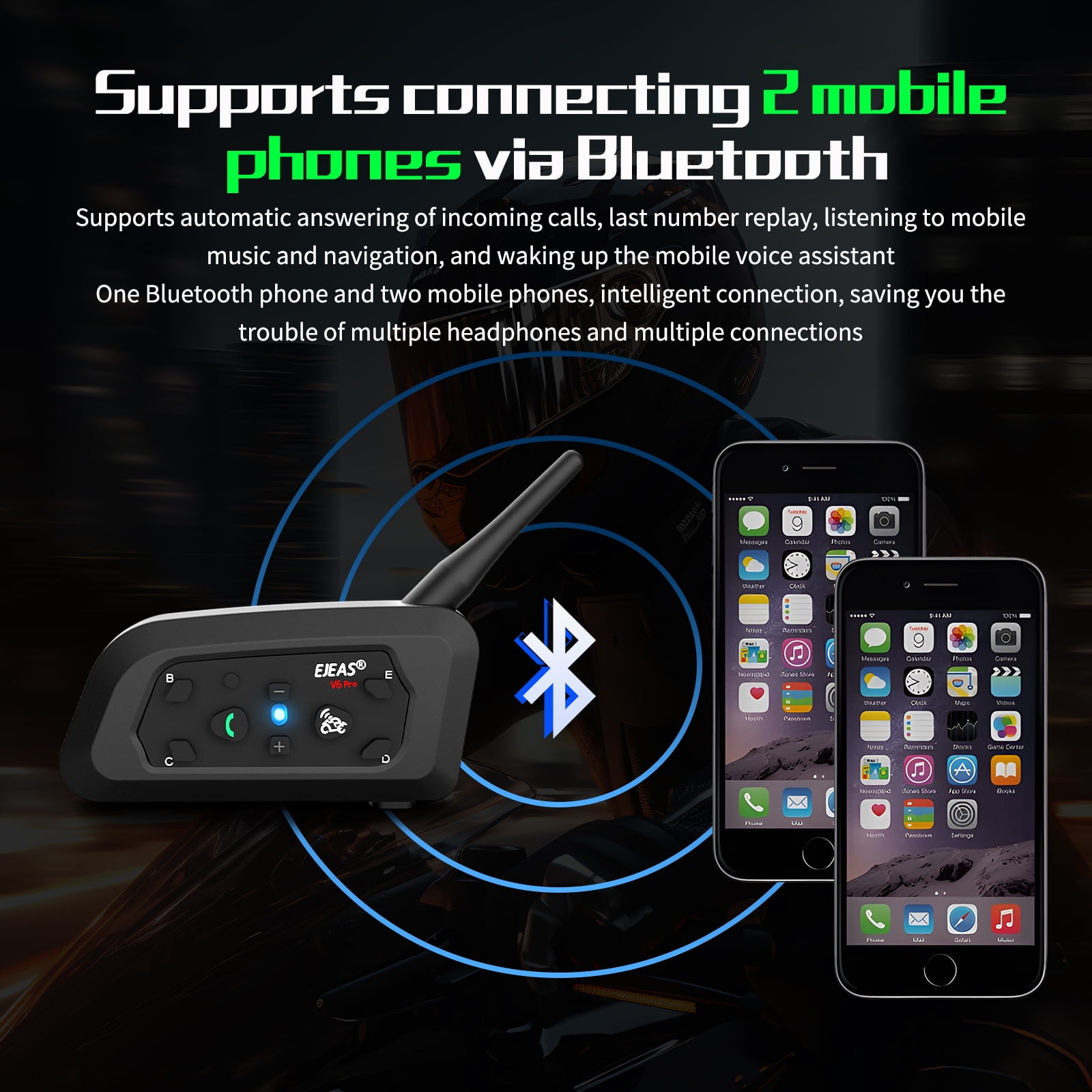 4Pc EJEAS Motorcycle Helmet Bluetooth Headsets V6Pro 2-Way 1200M Motorbike Intercoms Communication System for Ski/ATV/Dirt Motorbike/Off Road