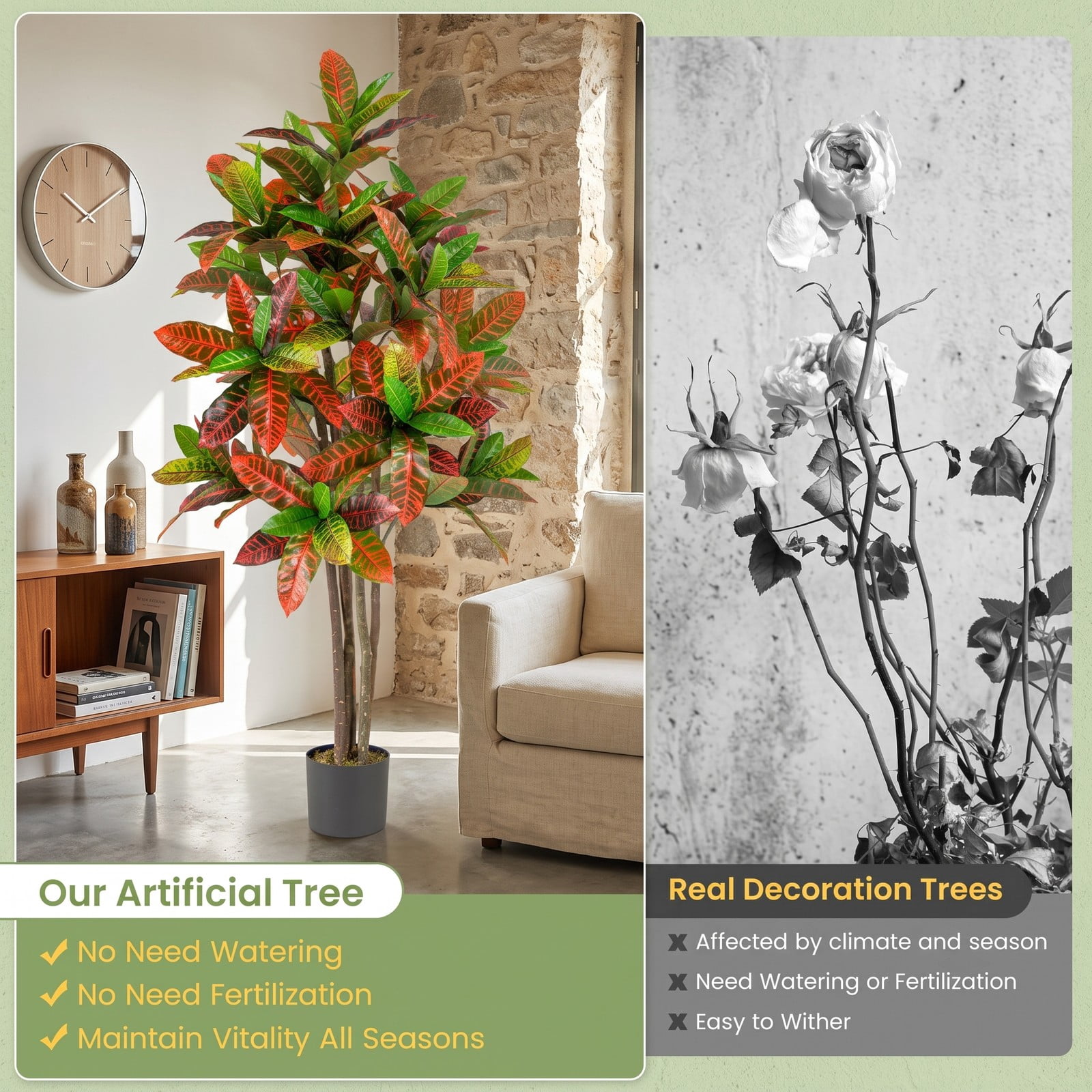 ALPULON 5 FT Tall Artificial Croton Plant with Gradient Leaves and Nursery Pot, Faux Silk Tree for Indoor Home Office Decor, 2 Pack, Multicolor