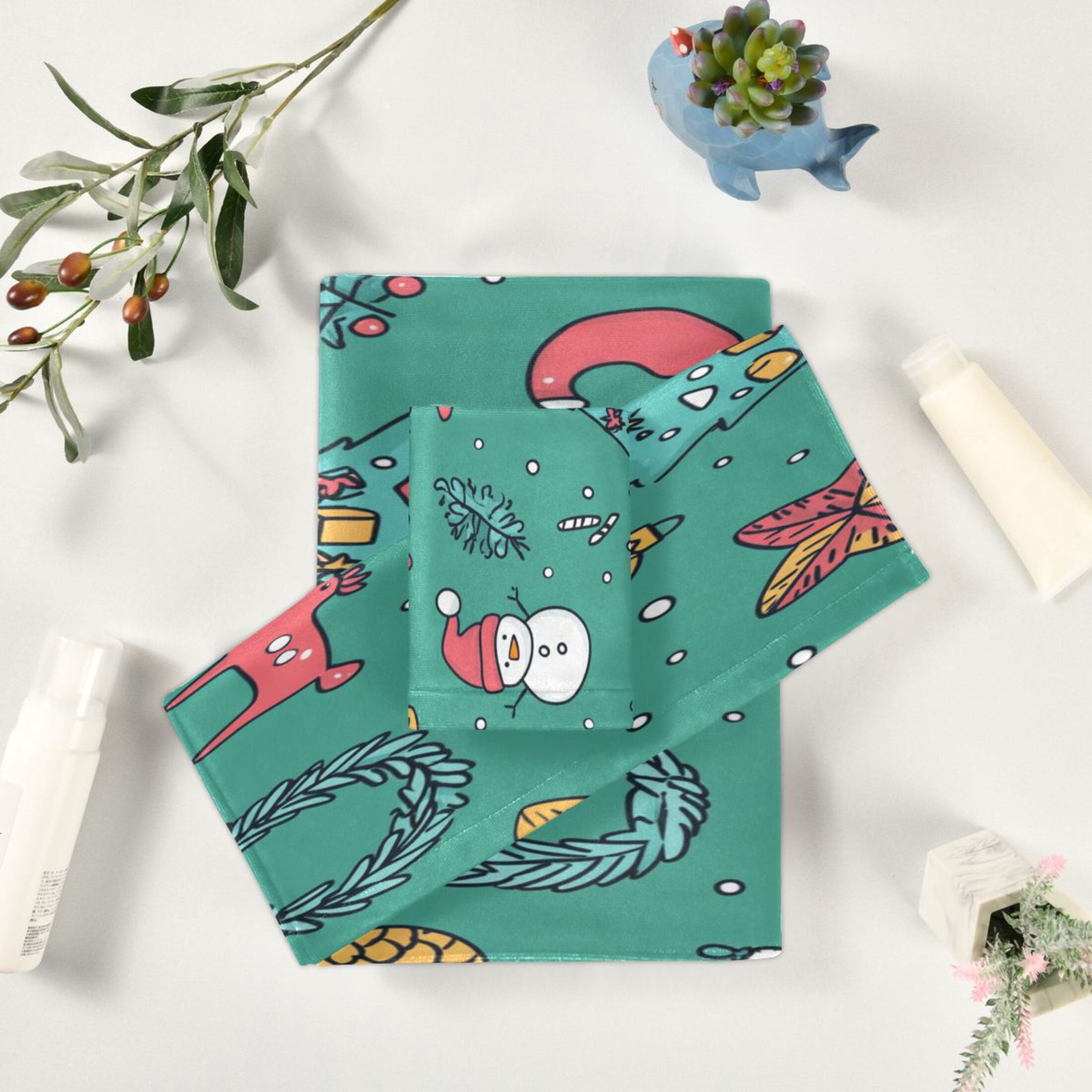 WOBOGO Cartoon Christmas Patterns with Simple Lines Ultra Soft 3 Pack Cotton Towel Set Includes 60 x 30in Bath Towel 28 x 16in Face Towel and 13 x 13in Small Square Towel for Everyday Use Lightweight