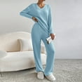 thumbnail image 5 of FYMNSI Womens Pajama Sets Long Sleeve Pjs Lounge 2 Piece Outfit Ribbed Knit V Neck Sleepwear with Pockets S Blue, 5 of 7