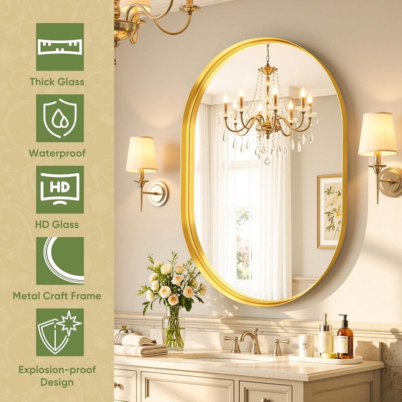 AUROMIR 38"x22" Oval Bathroom Mirror Wall Mounted Mirror with Deep Frame, Gold
