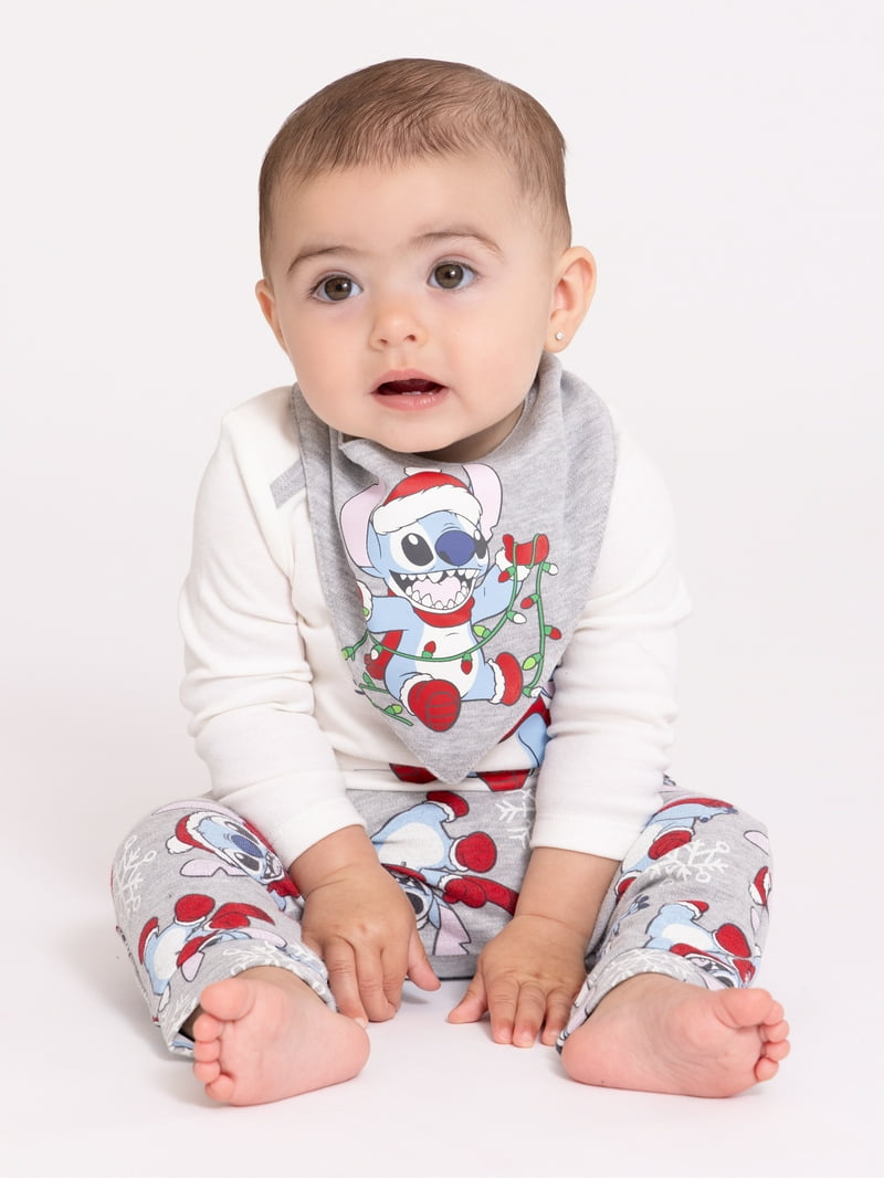 Stitch Holiday Baby Outfit Set: Bodysuit, Jogger Pants, Bib