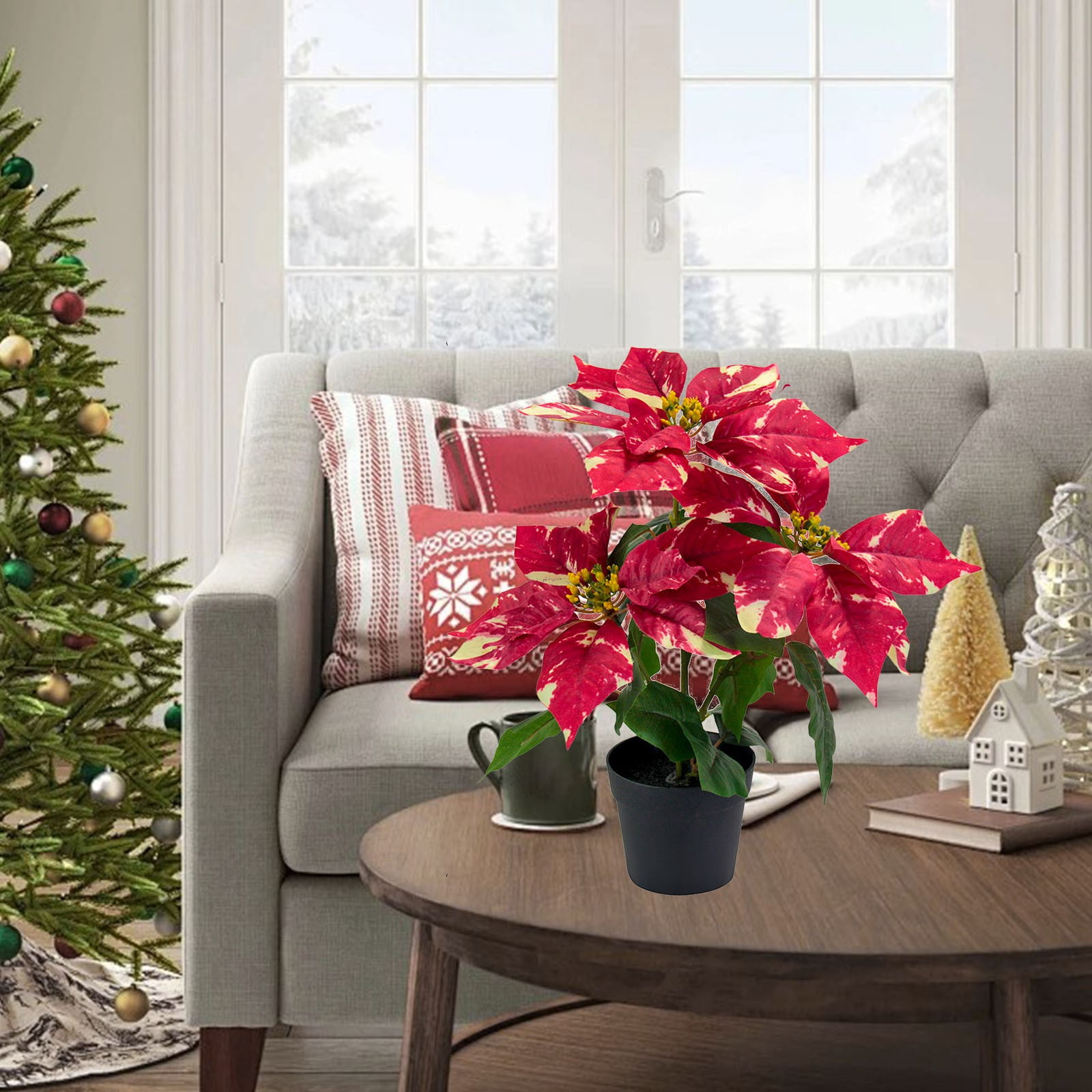Mini Poinsettias Artificial Plants with Pot, 12.6" Faux Small Christmas Flowers in Pot for Home Office Tabletop Indoor Christmas Decorations