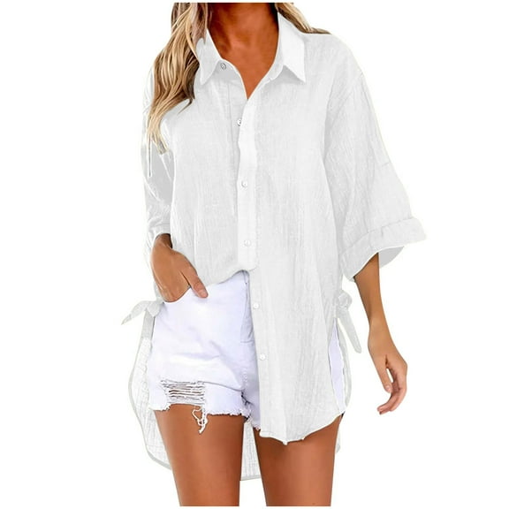 biudgviw Womens Cotton Linen Button down Shirt Turndown Collar Tops 3/4 Length Sleeve Rolled Hem Tee Side Slit Strappy Jacket