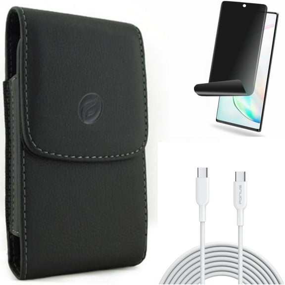 Case Belt Clip & Privacy Screen Protector & 6ft Long Type-C Cable for Samsung Galaxy Note 20 (6.7") - Combo with Leather Holster & TPU Film Anti-Peep & PD Fast Charger Cord Power