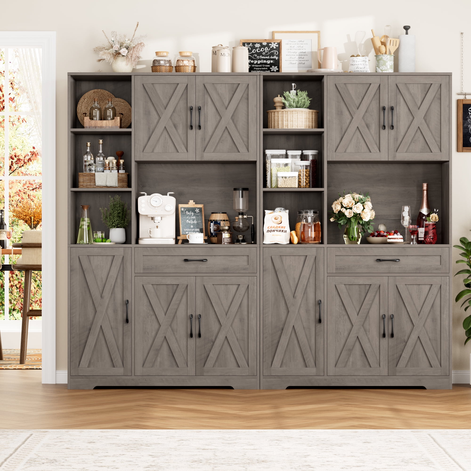 Hiphuta 71"Farmhouse Kitchen Pantry Storage Cabinet, Freestanding Hutch Cabinet with Microwave Stand, Sturdy Pantry Cabinet for Dining Room, Ash Gray