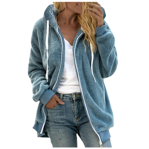 Tiqkatyck Winter Jackets for Women, Women's Winter Plus Size Solid Color Plush Hooded Coat Warm Wool Plush Coat Zipper Top Fleece Jacket Women, Winter Coats for Women Blue XXL