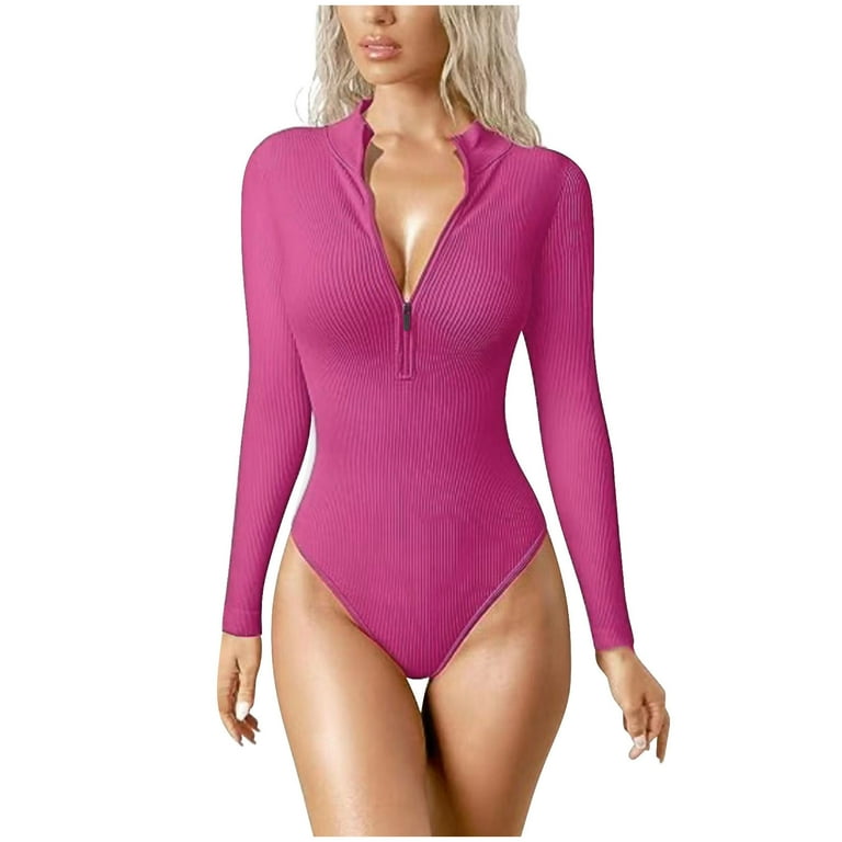 Vivianyo HD Women's Bodysuits Ribbed One Piece Zip Front Vivianyo HD Women's Bodysuits Ribbed One Piece Zip Front