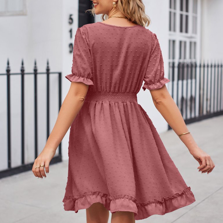 dark pink summer dress Swsmclt Women's Midi Dress Casual Dresses Summer Ruffle Swing Dress Cute Ruched Puff Sleeve Short Sleeve Dark Pink XX-Large, Size: 2XL