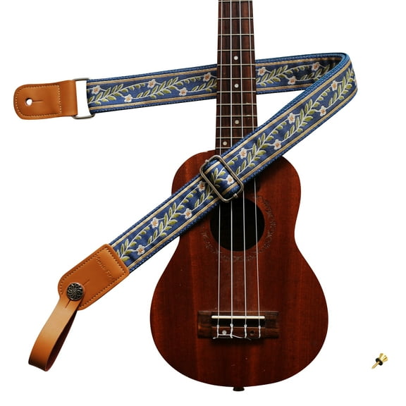 MUSIC FIRST Original Design Vintage Blue “Jasmine” Soft Meshbelt & Genuine Leather Ukulele Strap Ukulele Shoulder Strap With a MUSIC FIRST Genuine Leather Strap Locker