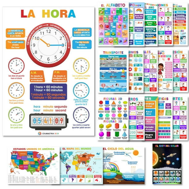 20 carteles educativos bilingües en español e inglés, tabla de aprendizaje a prueba de agua para preescolar, jardín de infantes, decoración del aula, alfabeto, números... (embalaje plano 11"x16")