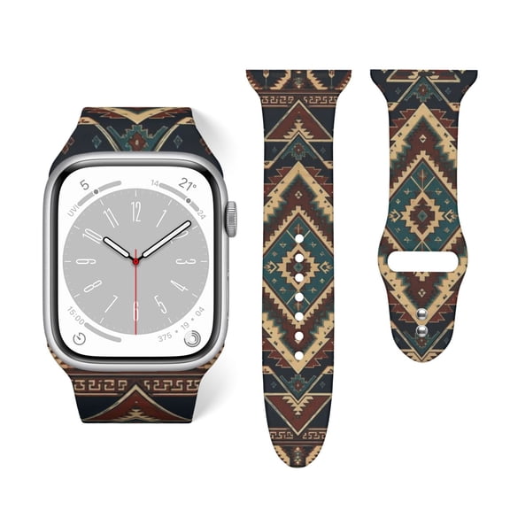 Ethnic Geometric Symmetrical Illustration Soft Silicone Sport Band 38mm40mm Wristband for Apple Watch, Waterproof Buckle Strap for Series 9/8/7/6/SE/Ultra