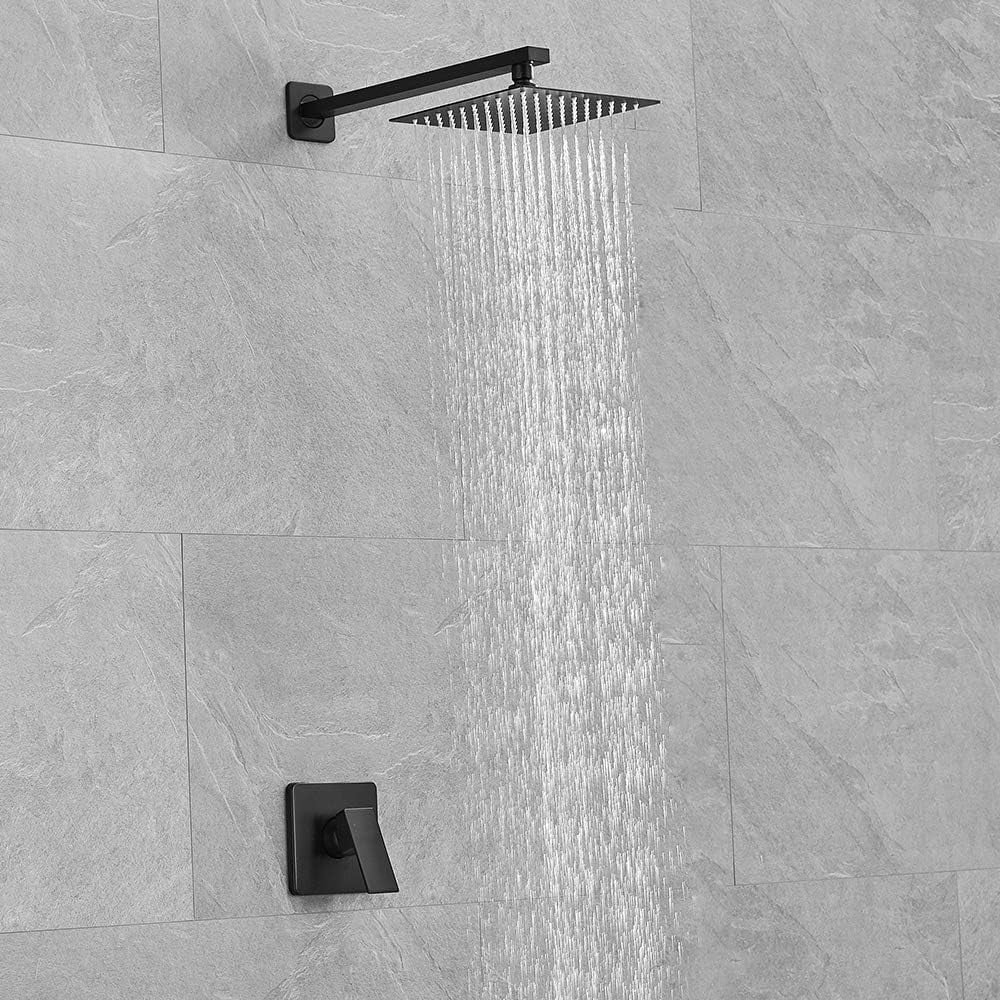 Matte Black Shower Faucet Set with Square Rain Shower Head, Single Function Trim Kit, Rough-in Valve Included, Extra Long Arm, Modern Bathroom Hardware