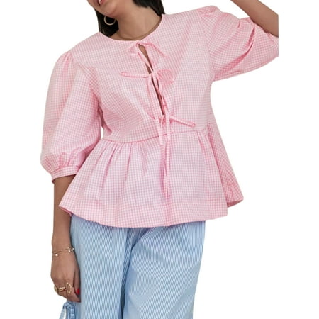 ZIYIXIN Women Puff Short Sleeve Peplum Shirts Y2k Lace Up Tie Front Ruffle Hem Loose Blouse Dressy Casual Babydoll Tops