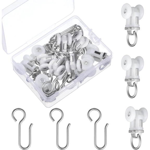 Curtain Track Roller and Hooks Kit Dual Wheel Roller Carrier Ceiling Mount Gliders Stainless Steel Hooks for Ceiling Mounted Curtains, Drapes, and Room Dividers