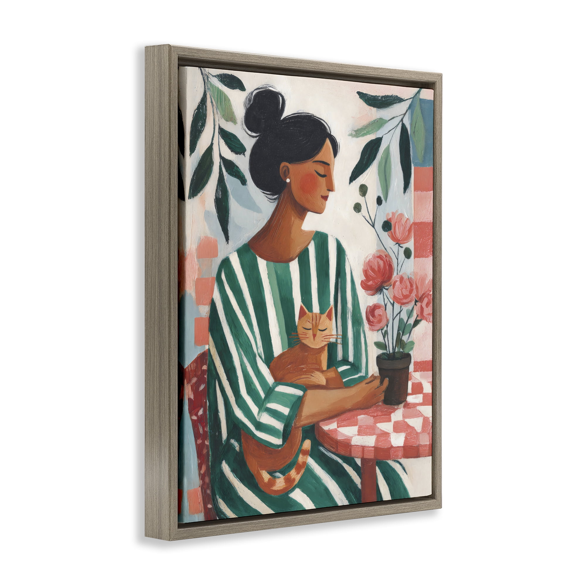 Stupell Industries Cat Lady in Striped Dress Brown Framed Floater Canvas Wall Art, design by Sisi and Seb