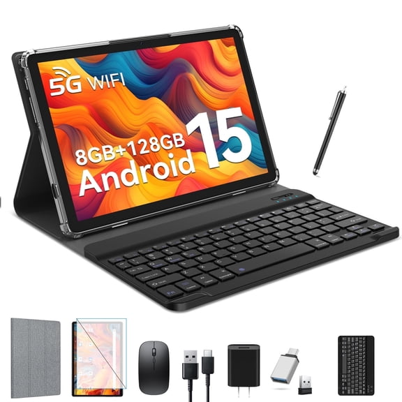 Android 15 Tablet,10inch Tablet with Keyboard,128 Storage,Dual 13MP 5MP Camera, WiFi, IPS Full HD Display