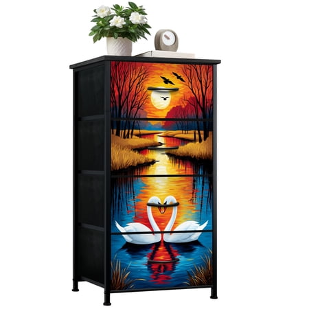 Western Dresser for Bedroom with 4 Storage Drawers Romantic Swans Autumn Landscape Vibrant Sunset Reflection Dressers Chest of Drawers Steel Framed Fabric Closet Organizers for Entryway