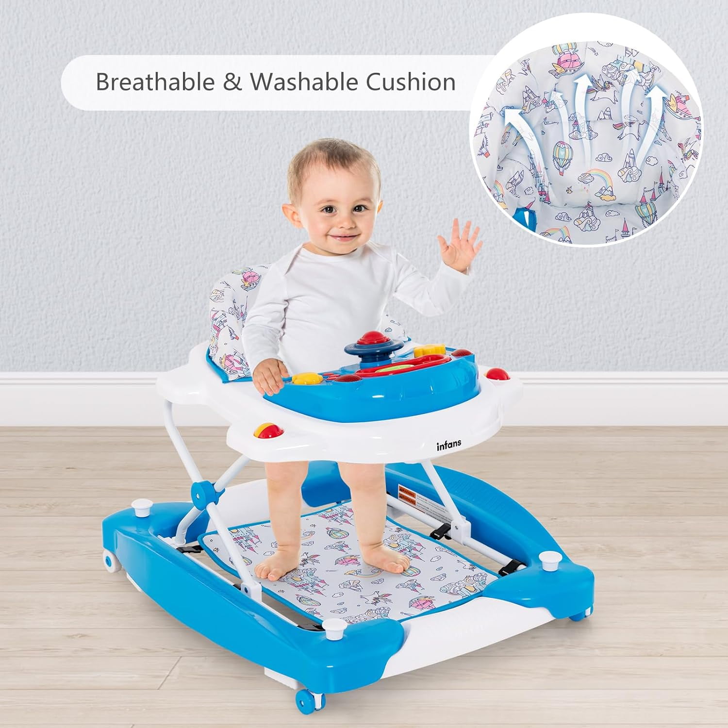 INFANS Baby Walker, 6 in 1 Behind Walker Learning Seated Rocker Bouncer with Removable Music Tray, Adjustable Height, Washable Seat Cushion, Foldable Activity Center for Toddlers
