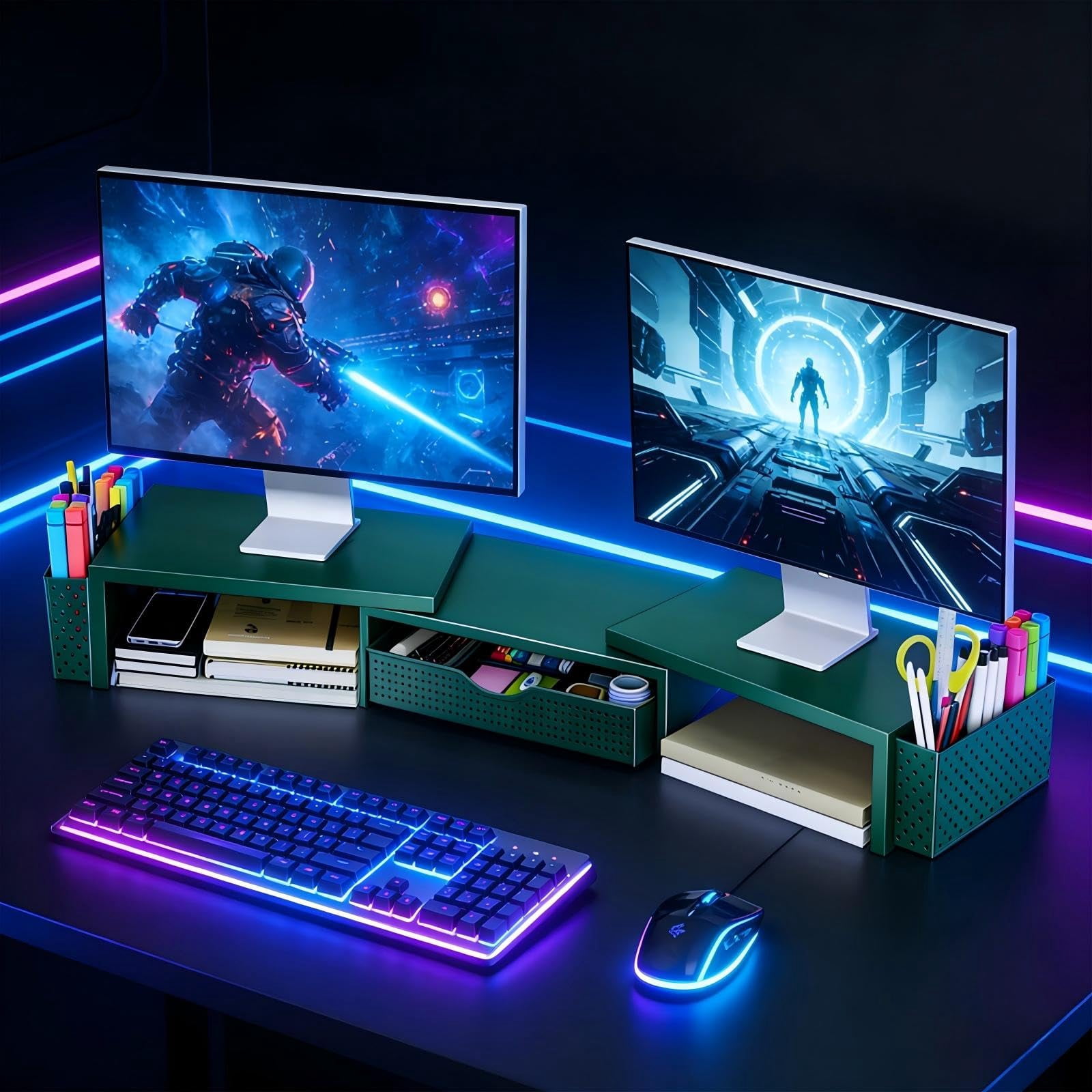 Metal Desk Organizers And Accessories  Dual Monitor Stand Riser With Drawer 2 Pen Holders & Workspace Desktop For Office Supplies (dark Gree)