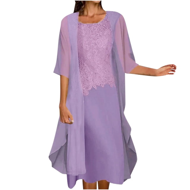 Vestido Casual de Encaje Con Cuello Redondo Y Mangas Para Mujer Conjunto de Dos Piezas de Gasa Sólida Odeerbi ODB-6