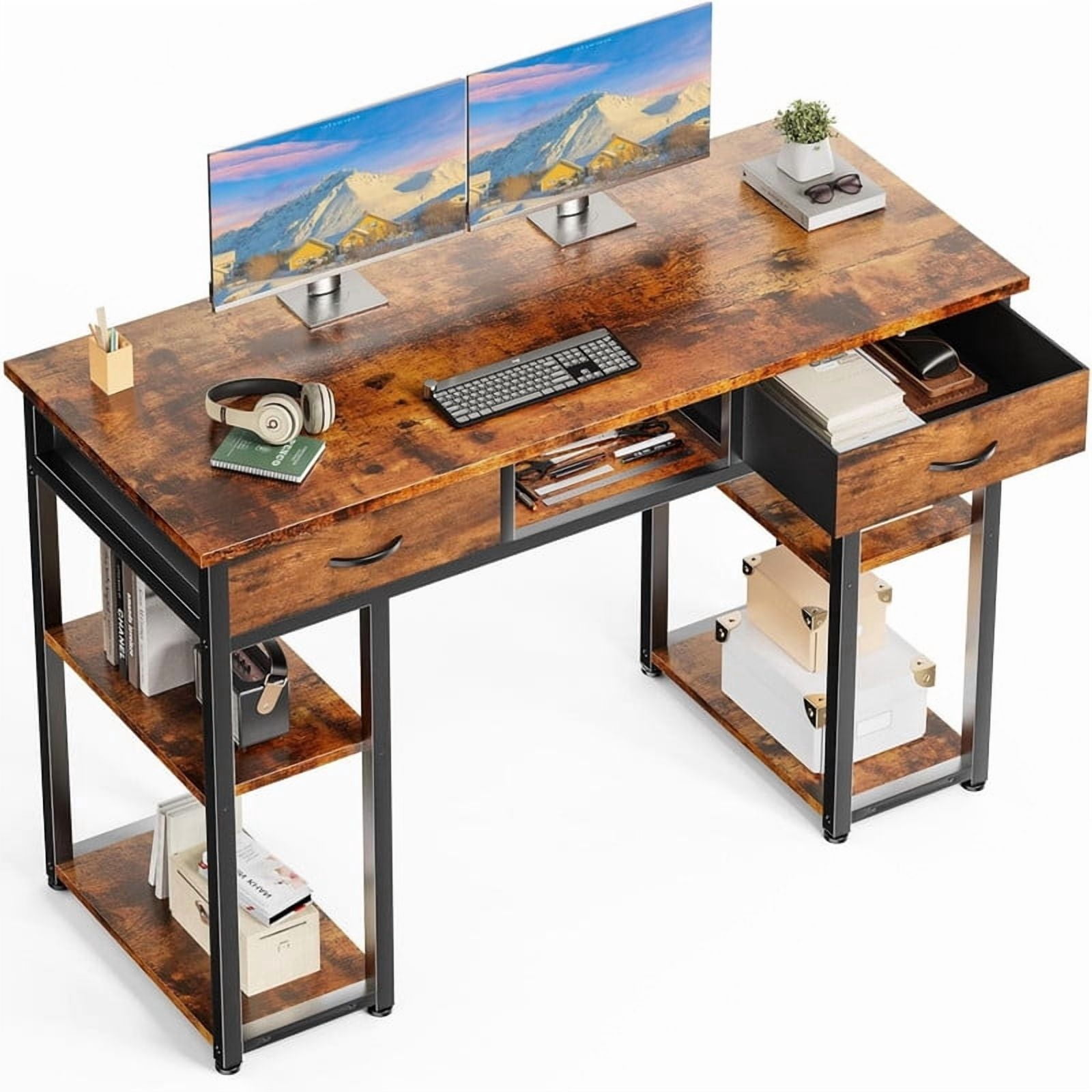 Kelno 48 Inch Computer Desk with 2 Fabric Drawer Storage Shelf Gaming Writing Table, Rustic Brown