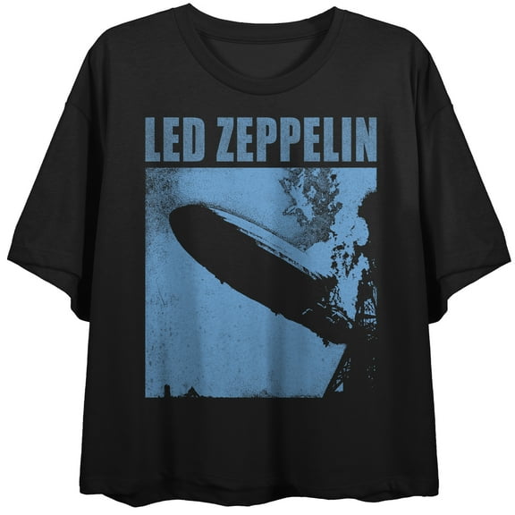 Led Zeppelin Blue Blimp Women's Black Crew Neck Short Sleeve Crop Top-Large