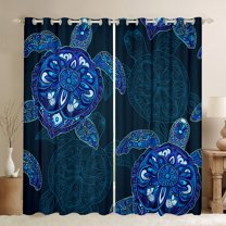 Feelyou Hippie Sea Turtle Blackout Curtains Set of 2 (52x84 Each), Mystic Blue Damask Print Window Curtains, Mandala Bohemian Style Curtains and Drapes, Curtains and Drapes Home Decor