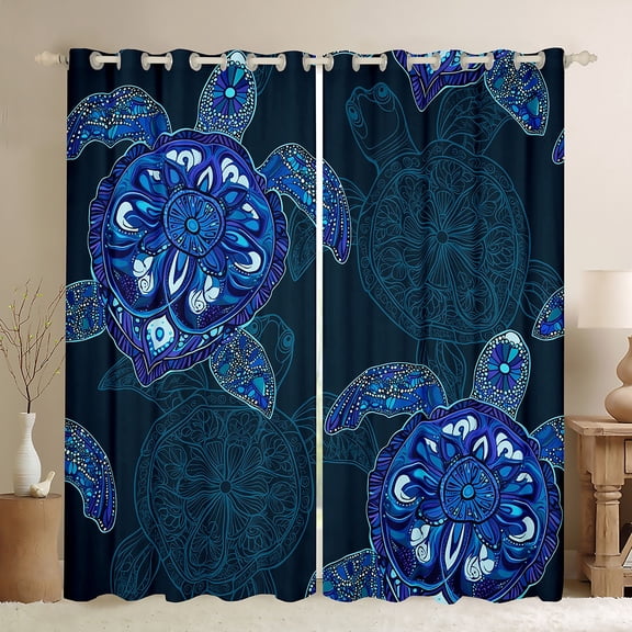 Feelyou Hippie Sea Turtle Blackout Curtains Set of 2 (52x84 Each), Mystic Blue Damask Print Window Curtains, Mandala Bohemian Style Curtains and Drapes, Curtains and Drapes Home Decor