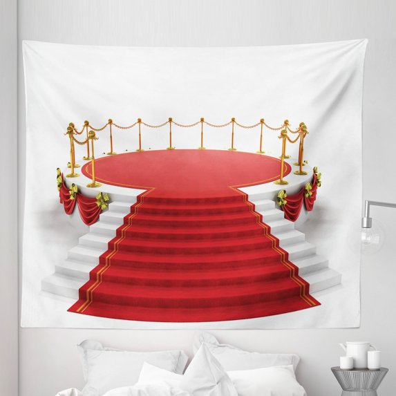 Theatre Tapestry, Simplistic Design Round Stage with Stairs Concert on Plain Background Print, Fabric Wall Hanging Decor for Bedroom Living Room Dorm, 5 Sizes, Red and White, by Ambesonne