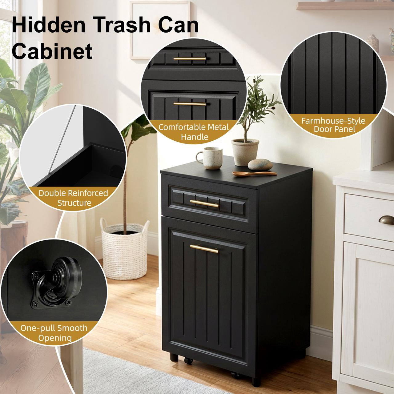 Pull Out Trash Can Cabinet for Double 7 Gallon or 13 Gallon Bin, Freestanding Kitchen Trash Bin Cabinet with Drawer, Pet Proof Hidden Garbage & Recycling Storage for Laundry & Living Room, Black