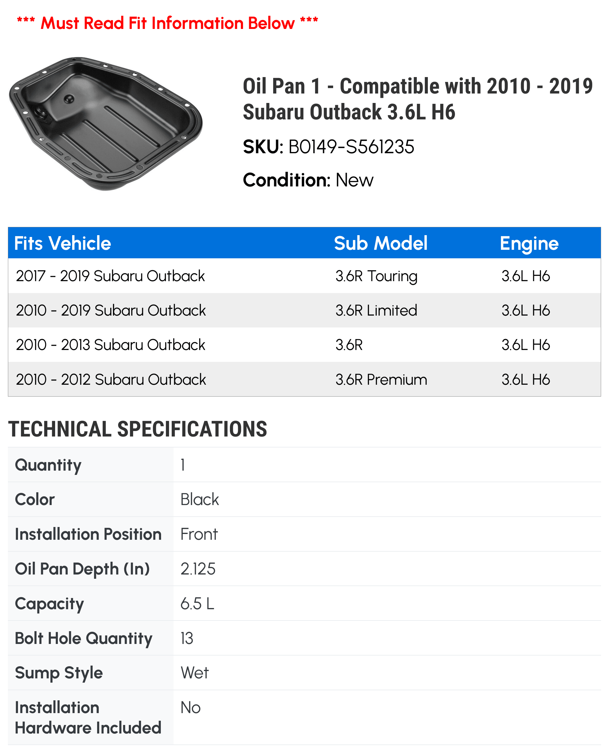 Oil Pan 1 - Compatible with 2010 - 2019 Subaru Outback 3.6L H6 - Autopart Premium
