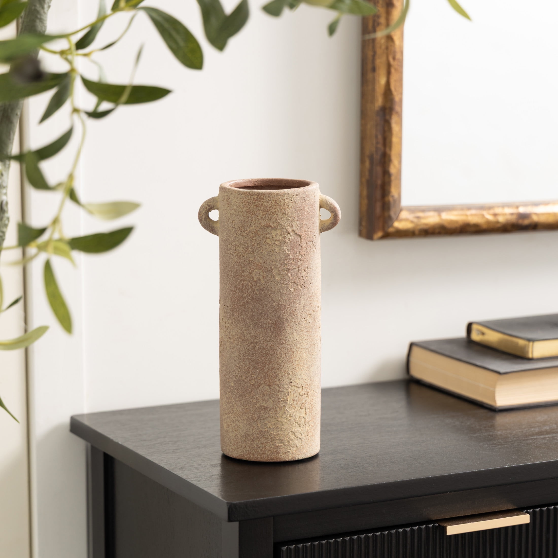 DecMode 9" Antique Style Textured Beige Ceramic Vase with Handles