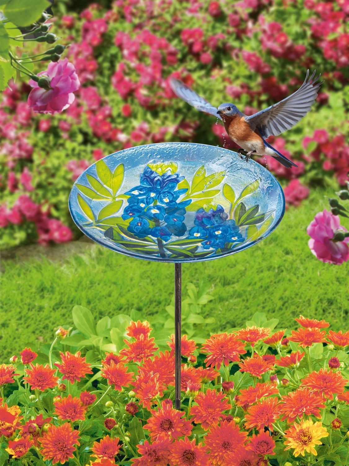 HOMETRENDS DELPHINIUM GLASS BIRD BATH ON STAKE