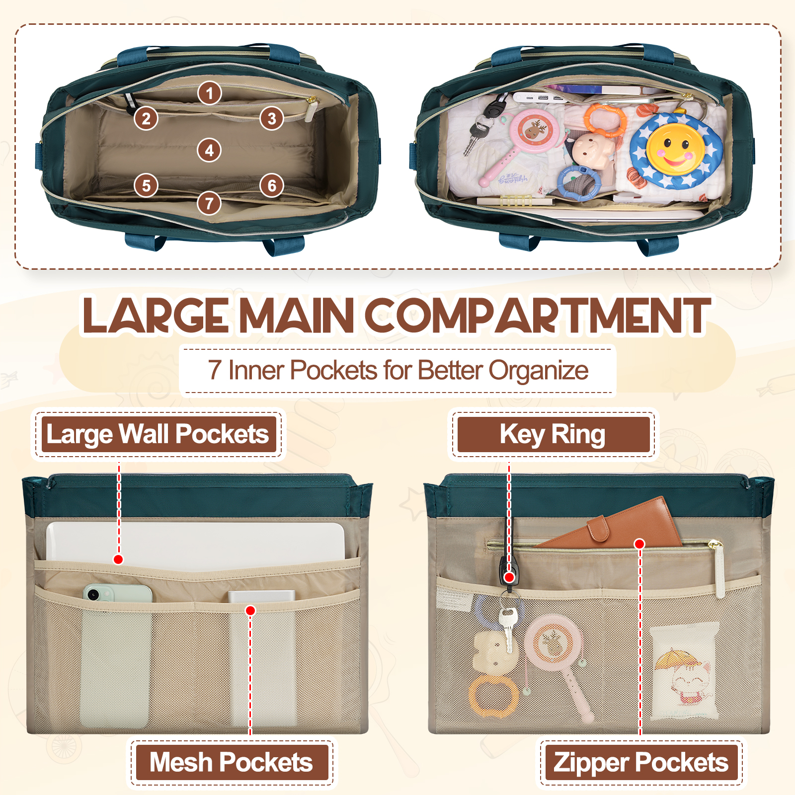 RAINSMORE Diaper Bag Tote, Large Diaper Baby Bag Waterproof Multifunctional Diaper Bag with Pacifier Case & Changing Pad