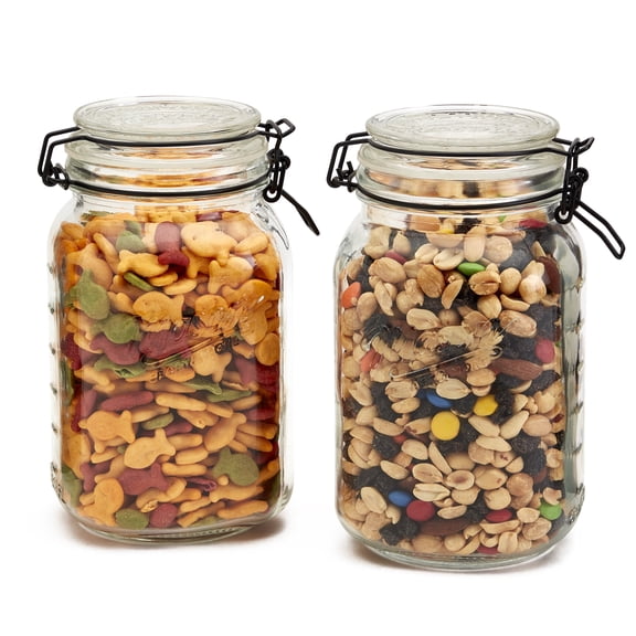 Mason Craft & More Set of 2 Airtight Medium Glass Clamp Jars with Black Wire, Clear Mason Jar Storage Canisters, 1.5 Liter (50oz)