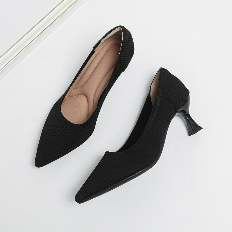 Xfvqtps Womens Knit Heels Pointed Toe Block Heel Pumps Comfortable Slip On Shoes Casual Dress Heels Breathable Knit Fabric Heels for Women All Season