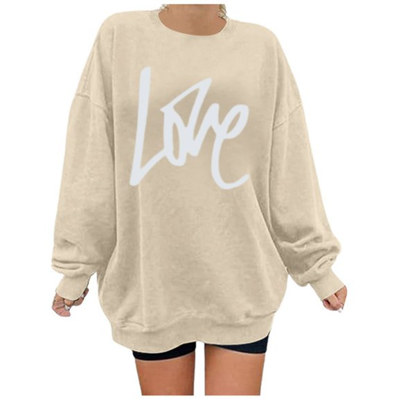 Tisuna Oversized Crewneck Sweatshirt For Women Love Letter Print Long Sleeve Pullover Tops Fashion Comfortable Ladies Valentine'S Loose Fit Outfits Beige Size L