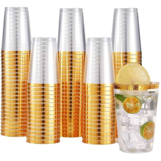 100 vasos de plástico de oro rosa – Vasos de plástico transparente desechables premium de 10 oz con borde de oro rosa para bodas o fiestas (100 vasos de oro rosa) Zhivalor HMHZ1056-2