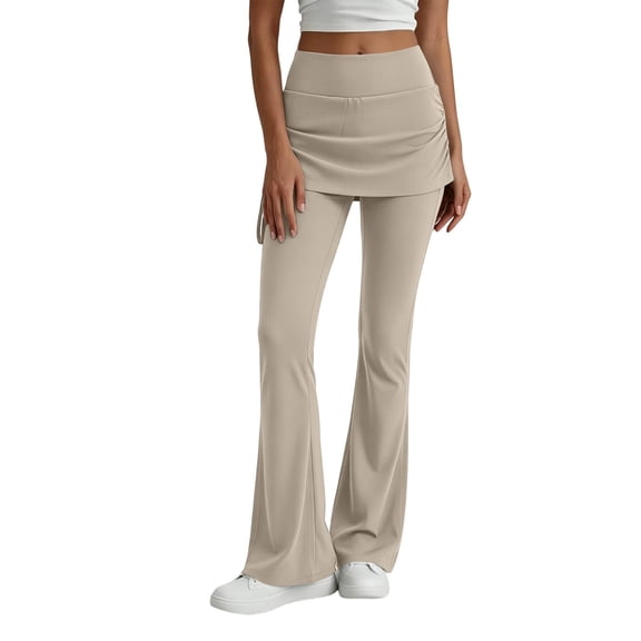 Fewfanhot Women Skirted Flared Yoga Pants, High Waist Drawstring Overlay Skirt Full Length Stretch Bootcut Workout Trousers