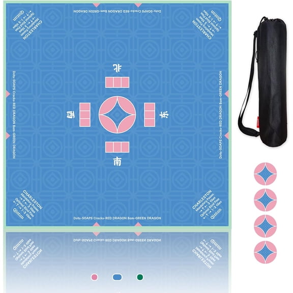 Mahjong Mat and Coasters Set, 32 x 32 Inch Anti Slip Table Cloth with Ancient Coin Pattern, Noise Reduction Surface for Poker, Bridge and Board Games, Includes Storage Bag - Blue