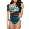 thumbnail image 2 of Uemuo Floral Ship On Ocean Pattern Women's One Piece Short Sleeve Swimsuit Rash Guard Surfing Modest Quick-drying Swimsuit Beach Essentials-X-Large, 2 of 9
