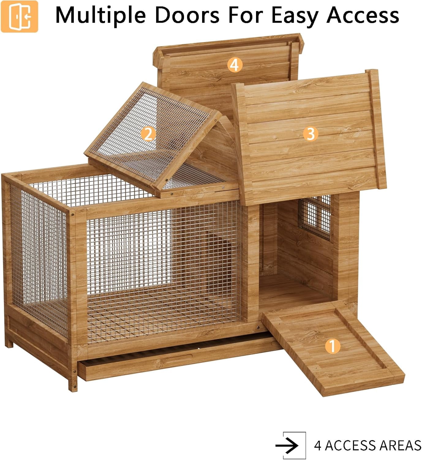 Gaderth Wooden Rabbit Hutch, Indoor/Outdoor Wooden Rabbit Cage with Removable Wire Netting, Weatherproof Bunny Cage with Anti-Chew Metal Frame Ramp for Small Animals