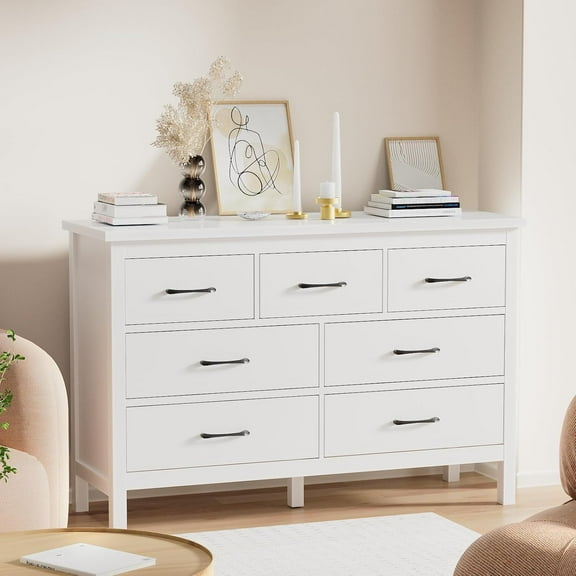 LYNSOM White Dresser for Bedroom, 7 Drawer Dresser with Metal Handles, Modern Wood Chest of Drawers for Living Room, Entryway and Hallway