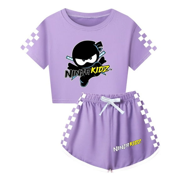 Ninja Kidz Girls Summer Set – Kids Cute Crop Top with Checker Sleeves and Matching Shorts