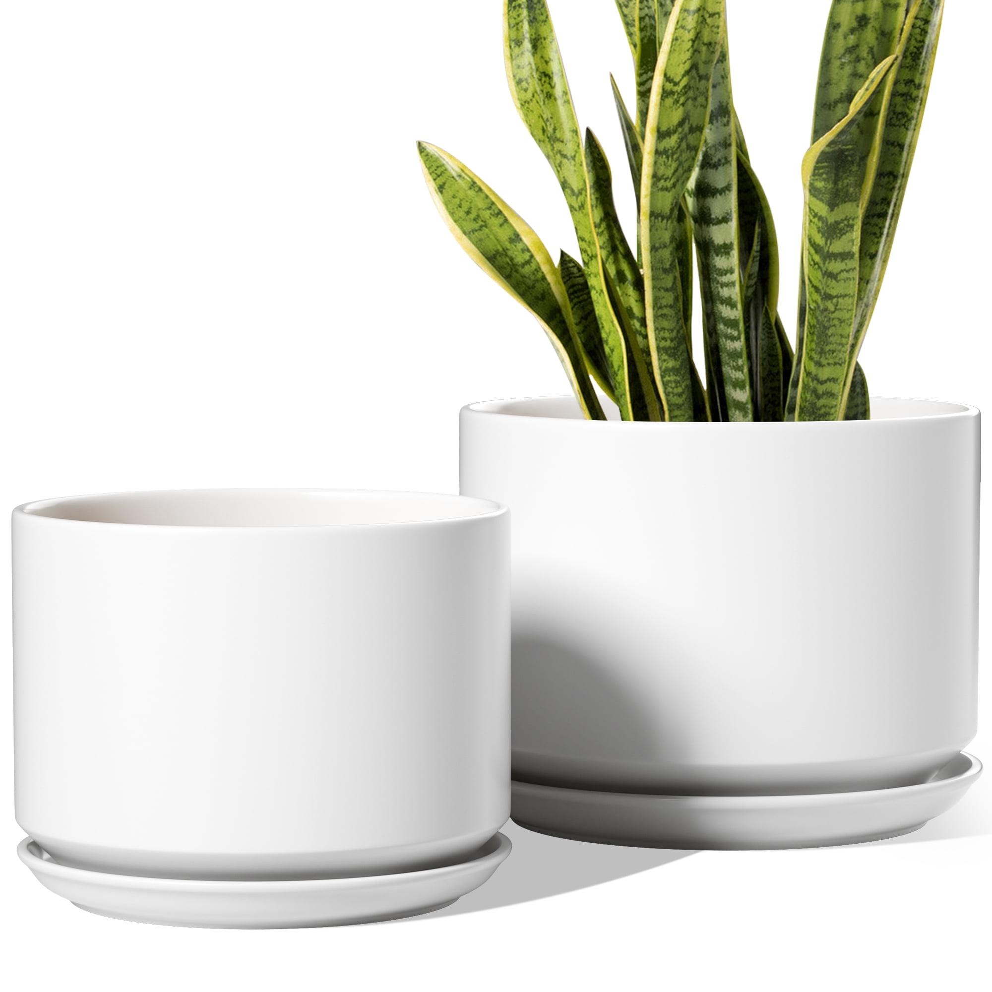 BEMAY Set of 2 Ceramic Plant Pots, 8" & 10" White Indoor Planters with Drainage Holes & Saucers, Flower Pots for Succulents