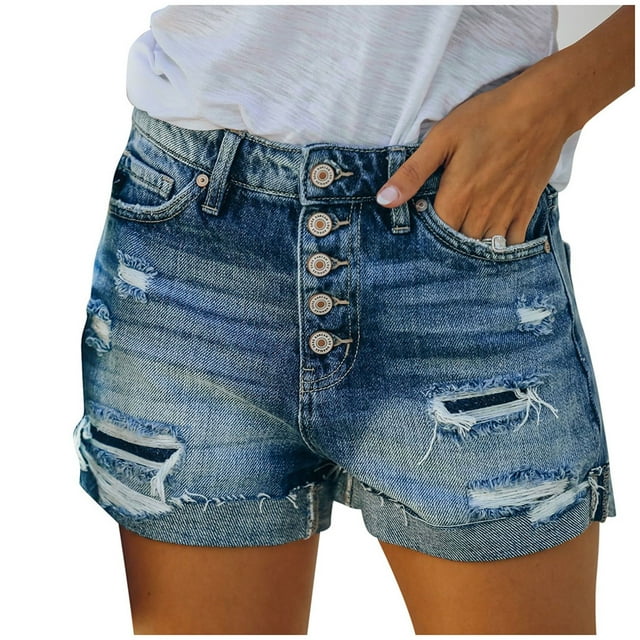 Mode Femmes Poche Solide Jeans Pantalon en Denim Femme Trou Bas Shorts Décontractés