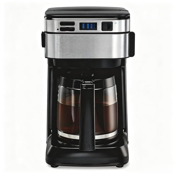 FrontFill 12 Cup Programmable Drip Coffee Maker | Regular & Bold Brew Options | Auto Pause and Pour | Glass Carafe | Black with Stainless Accents | 46310