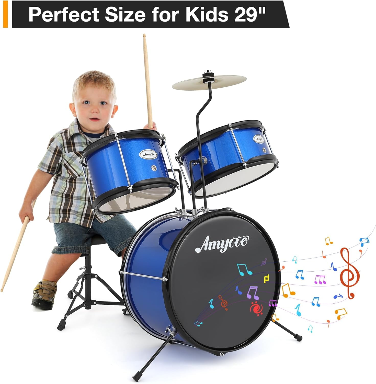 Garvee 3 Piece Beginner Drum Set for Kids Juniors, with Drum Sticks & Drum Throne Seat, Blue
